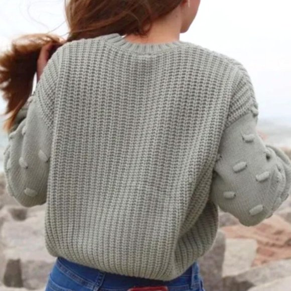 🌼 Moon & Madison Chunky Knit Bobble Sleeve Crop Sweater in Sage, S NWOT - Picture 2 of 8
